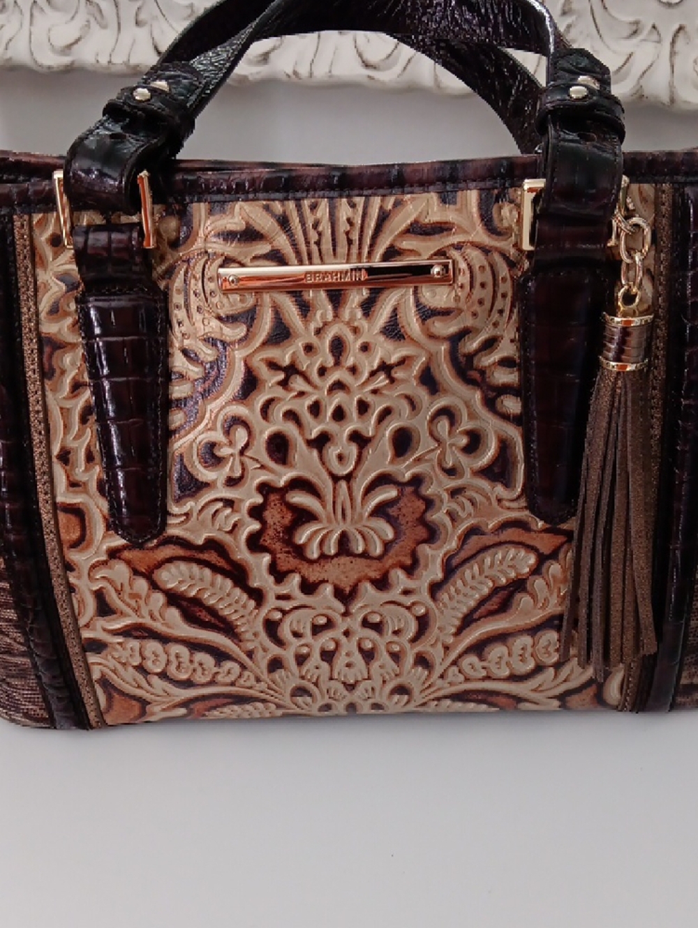 Brahmin Embossed Floral Satchel in Brown and Tan - Picture 2 of 14